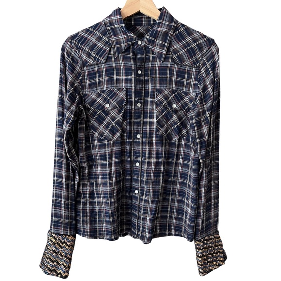 Le Superbe Superstoned Cowboy Shirt Midnight Plaid Pearl Snap Size 0 - Picture 5 of 14